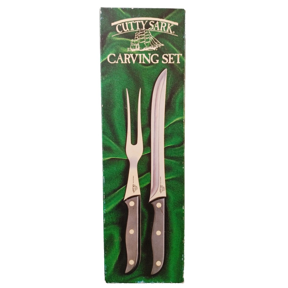 Cutty Sark Carving Fork Knife Kitchen 2 Piece Set Black Handle Forged